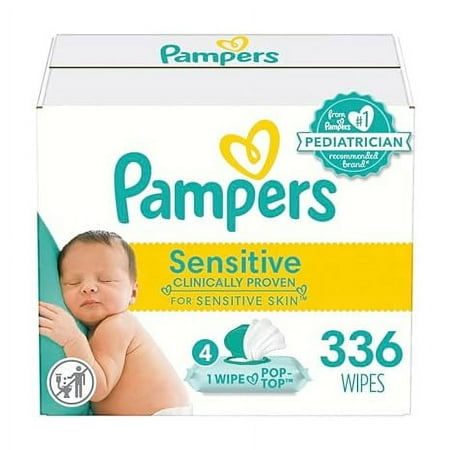 Pampers Sensitive Baby Wipes, Water Based, Hypoallergenic and Unscented, 4 Flip-Top Packs (336 Wipes Total) [Packaging May Vary]