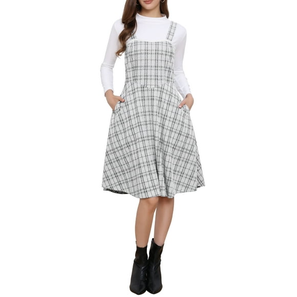 Tweed Dress for Women's Sleeveless Square Neck Plaid A-Line Pinafore Overall Dresses L Beige