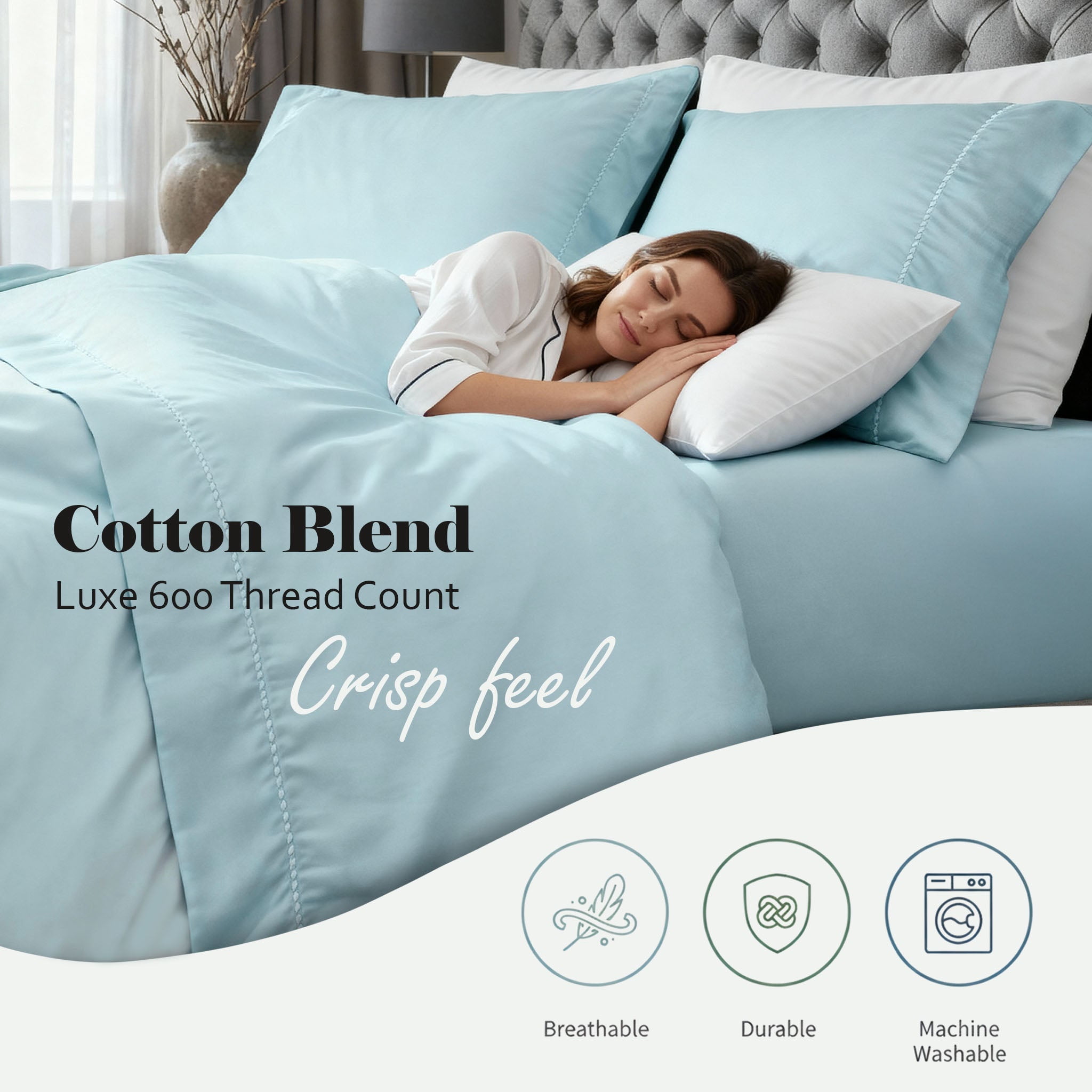 Superior Cotton Blend 600 Thread Count Dash Stitch Hem Sheet Set, Split King, Blue