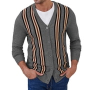 Iceglad Mens Vintage Striped Long Sleeve Button Down Cardigan Sweater with V Neck Knitted Sweaters