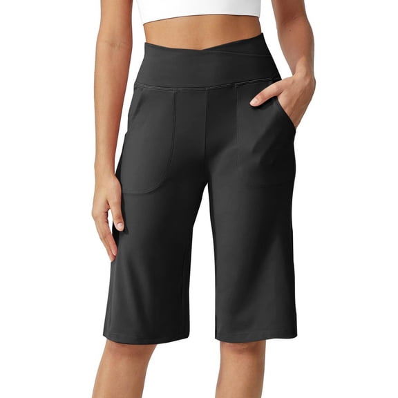 Women's Bermuda Long Shorts Knee Length High Rise Athletic Shorts Pull On Workout Walking Golf Running Summer Black 2XL