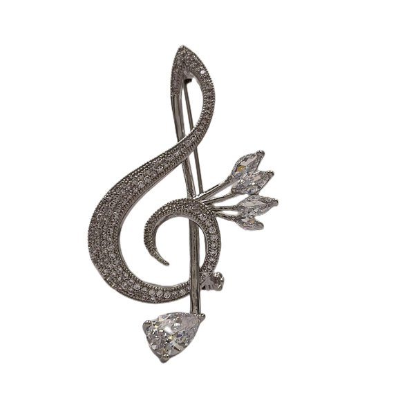 Sparkling Silver Tone Pear and Marquise Shaped CZ Musical Note Brooch Treble Clef Pin Music Notation Theme Jewelry