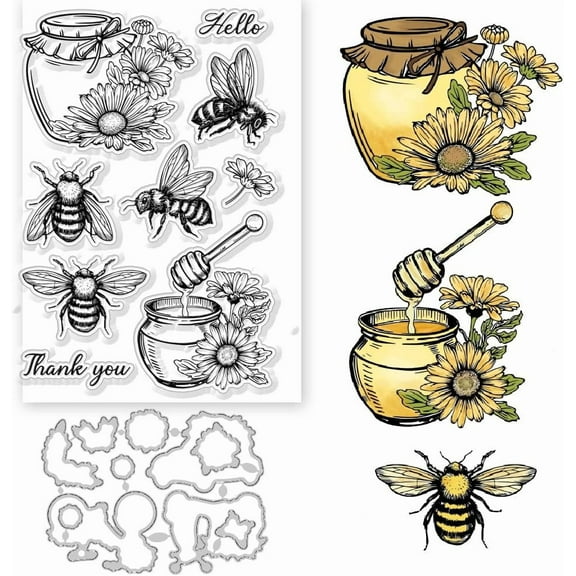 1 Set Bee Flowers Clear Stamps and Cutting Dies Bee Honey Jars Daisies Silicone Clear Stamps Cards and Metal Die Cuts for Card Making and DIY Embossing Scrapbooking diy Bees