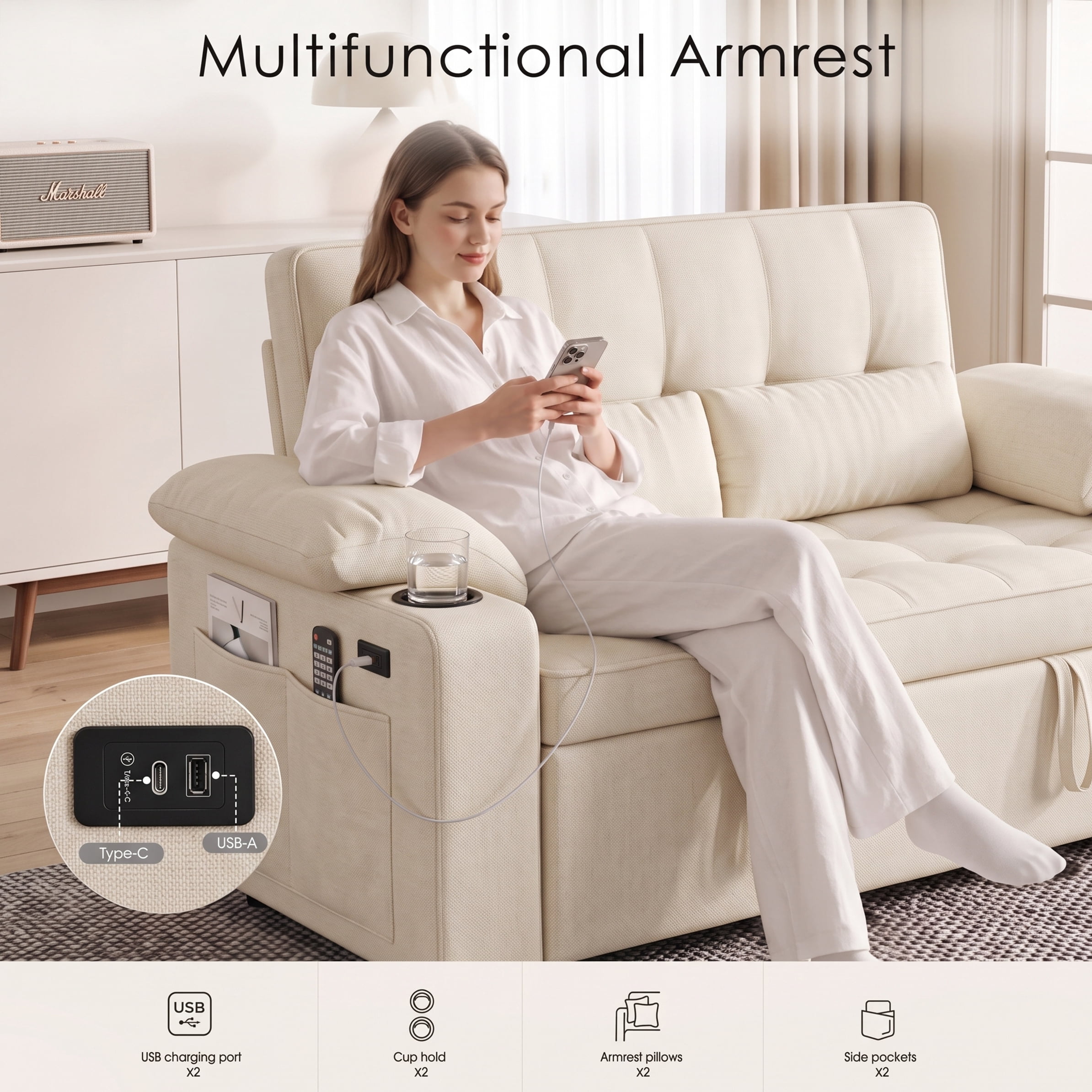 Xiweot Convertible Sleeper Sofa Bed, 58" Full Size Pull Out Couch with Cup Holders, Adjustable Backrest, USB Ports & Side Pockets, Towel Fabric Sleeper Loveseat for Living Room Apartment (Beige)