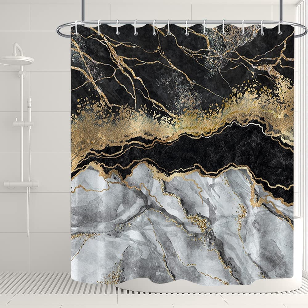 Marble Bathroom Shower Curtain Black Grey Gold Waterproof Fabric Shower Curtains with Hooks Watercolor Abstract Shower Curtains Cloth for Home Bath Decor 72x72 inches