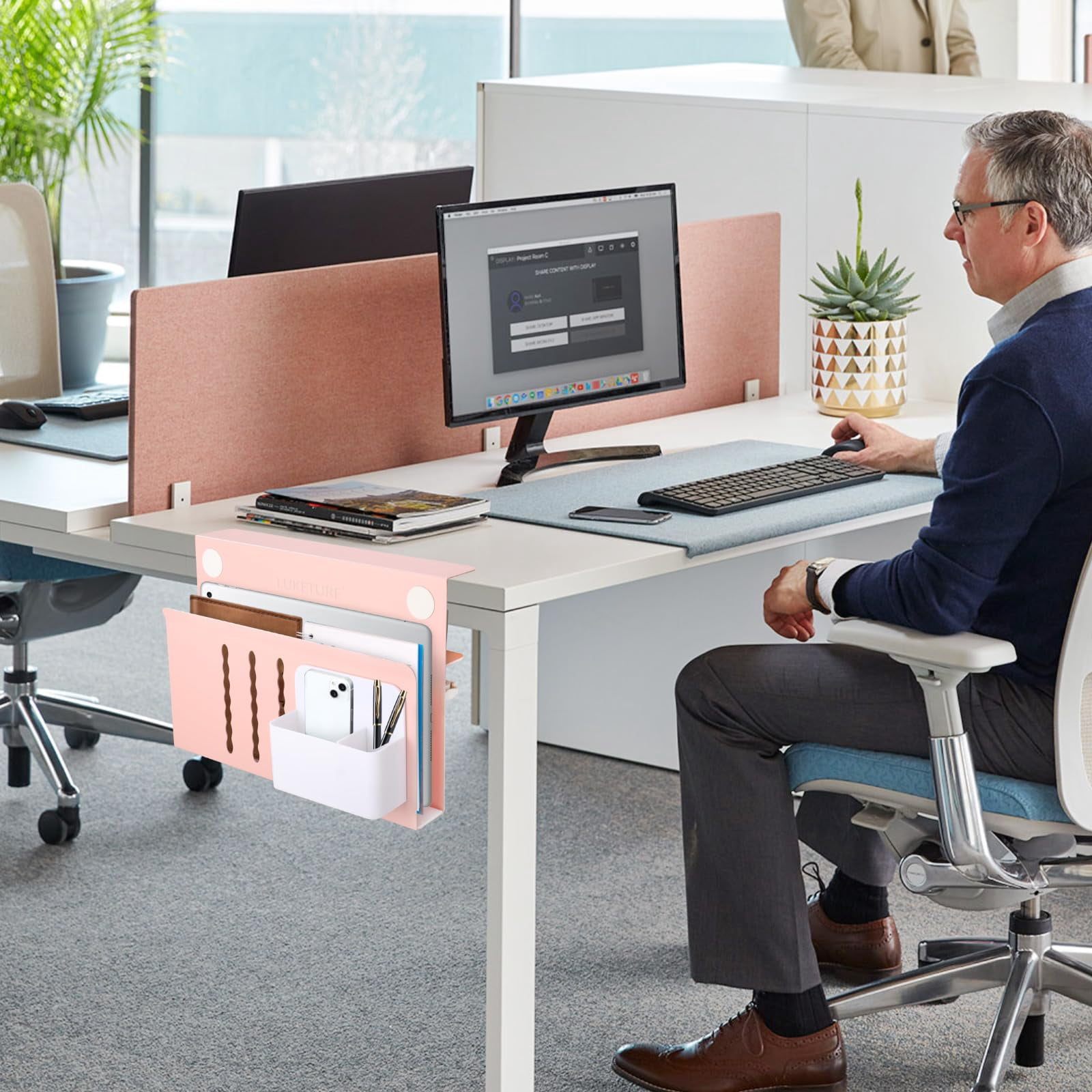 Desk Side Storage  Steel Organizer No Drill Workspace Organizers Clamp On Computer Accessories With Magnetic Pen Holder Fits Flat Edge Tables 0.3" To 2.8"