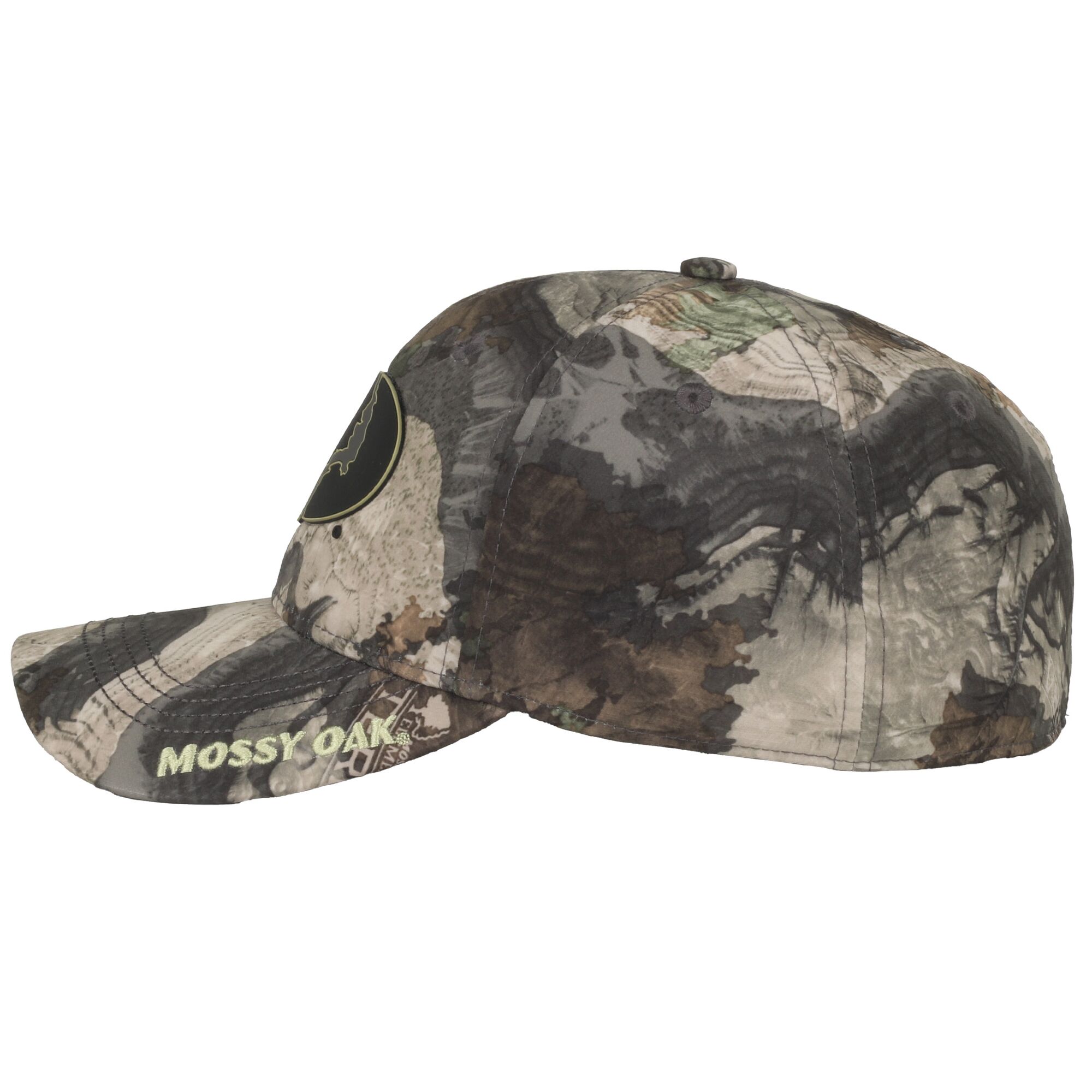 Men's Mossy Oak® Camo 6 panel Structured Hunting Hat, Pre-Curved Visor, ProFlex Fitted Closure, Size L/XL.