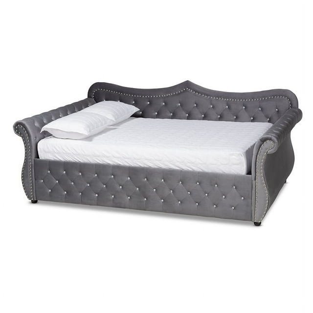 Bowery Hill Traditional Velvet Crystal Tufted Full Size Daybed in Gray
