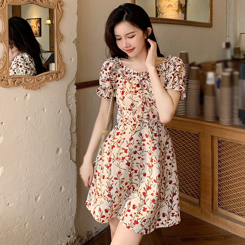 Fresh Slim Short-Sleeved Floral Dress 