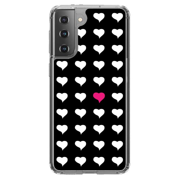 DistinctInk Clear Shockproof Hybrid Case for Galaxy S21  PLUS 5G (6.7" Screen) - TPU Bumper, Acrylic Back, Tempered Glass Screen Protector - Pink White Black Repeating Hearts