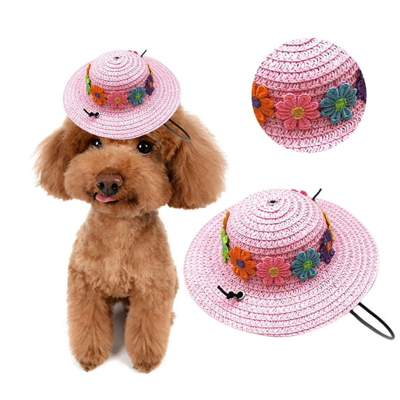 Happy Date Pet Flower Straw Hat Dog Spring Summer Sunhat Cute Woven Straw Hat Costume Accessory