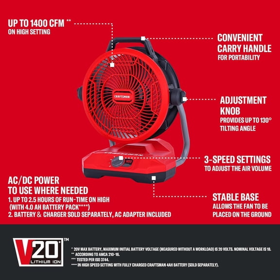 V20 Cordless 12" Portable Fan with AC Adapter, 1400 CFM High  Cooling for Garage and Workshop