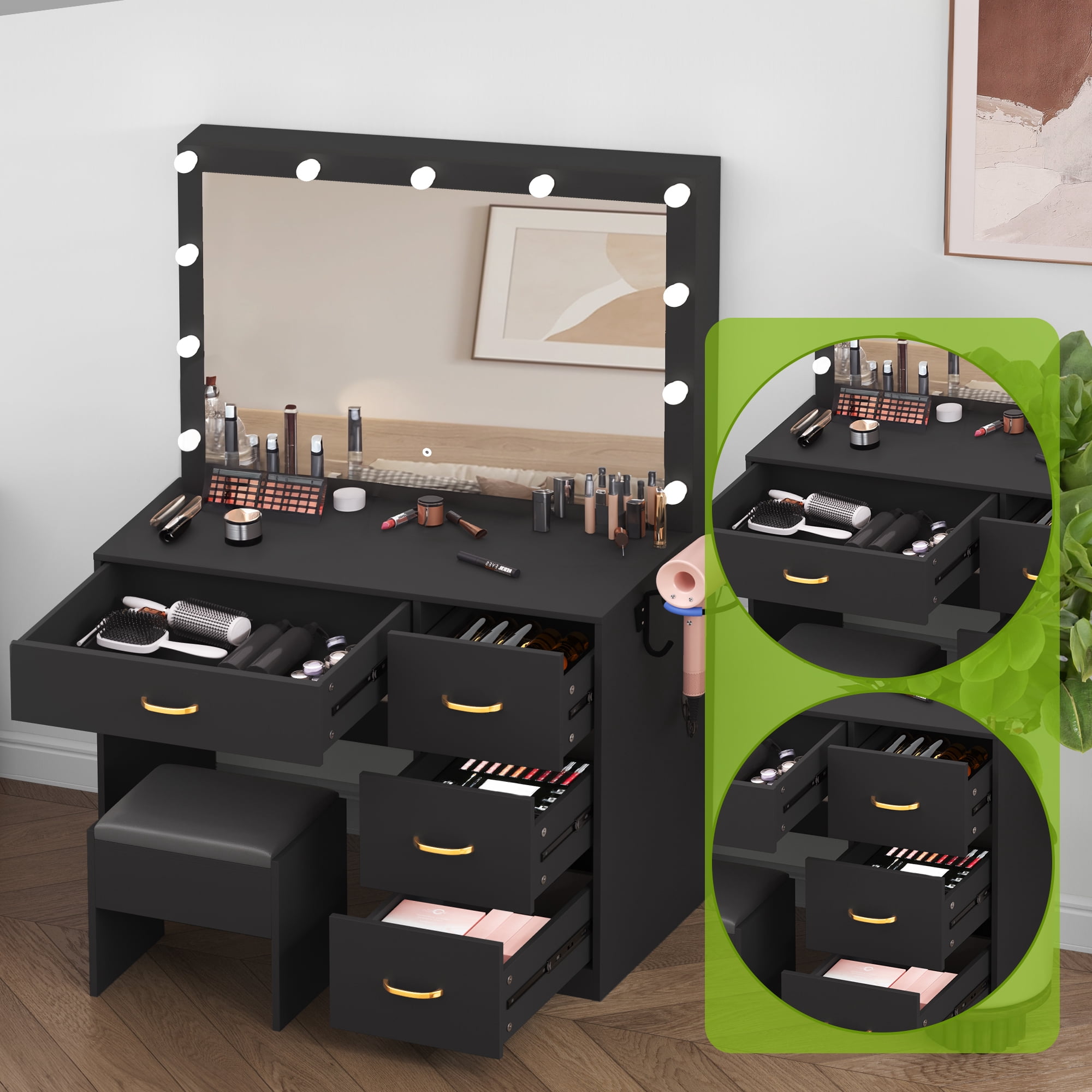 Uforic Makeup Vanity with Built-in Charging Station, Vanity Mirror with Adjustable Lighting, Spacious Vanity Desk with Storage Shelves, 3 Lighting Color Options, Black