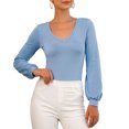 thumbnail image 2 of UHYARE Women's Fashion Lantern Sleeve V Neck Stretchy Bodysuit Jumpsuits(Blue,XXL), 2 of 5