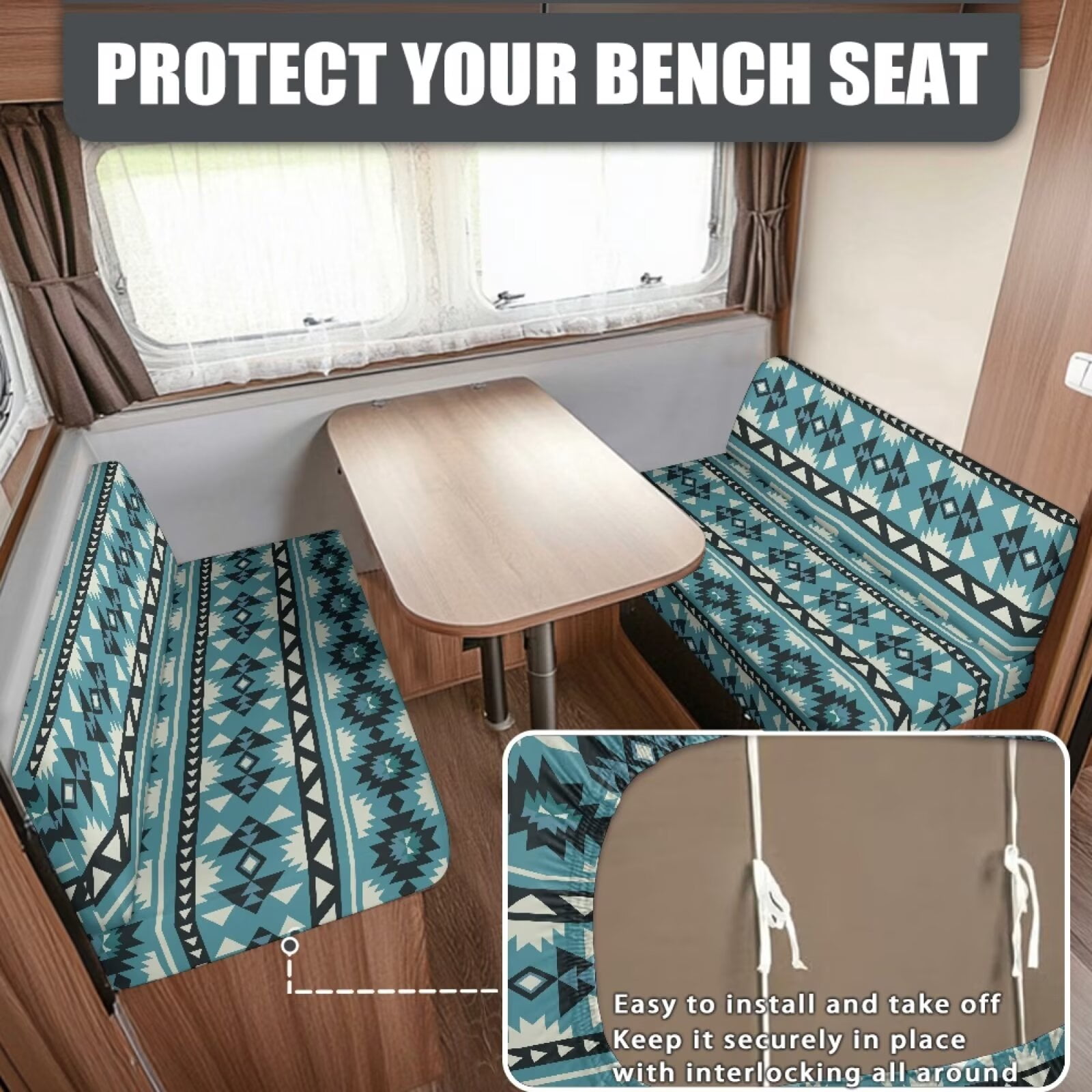 Uorisanigo RV Dinette Cushion Covers, Stretch Camper Accessories RV Dinette Cushions Soft Blue Aztec Print Camper Sofa Cover Furniture Protection Washable ＆ Easy to Install