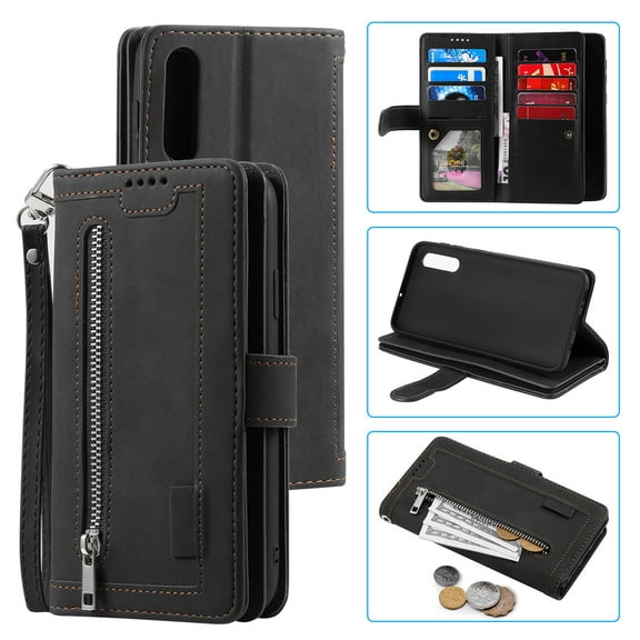 Dteck Wallet Case For Samsung Galaxy A50, Matte PU Leather Case Built-in 9 Card Slots Zipper Purse Flip Cover With Hand Strap, Black