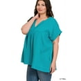 thumbnail image 2 of Zenana Women's Relaxed Fit Gauge Rolled Short Sleeve Raw Edge V-Neck T-Shirt Tunic, 2 of 3