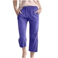 thumbnail image 2 of Girls' Solid Color Cotton Linen Casual Pants,Elastic Drawstring Waist 3/4 Length Capri with Pockets,Loose Fit for Daily Wear, School, Summer Activities,Breathable and Comfortable - Dark Blue, 2 of 9
