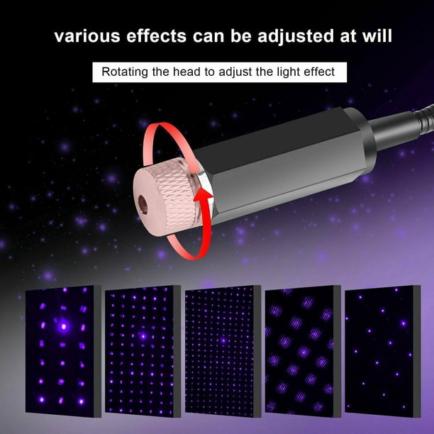Proyector LED de techo para coche, luz nocturna con estrellas azul violeta, lámpara de galaxia ambiental interior, luz decorativa con enchufe USB