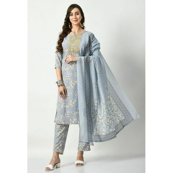 S MAJIDA Kurta Set for Women Floral Polyster Blend Kurta Pant Dupatta with 3/4 Sleeve