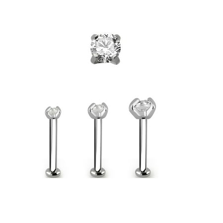 Silver Labret - iJewelry2 3 Pcs Set Silver Tone Stainless Steel Screw Tragus Labret Posts Piercing with Clear Round Cut CZ