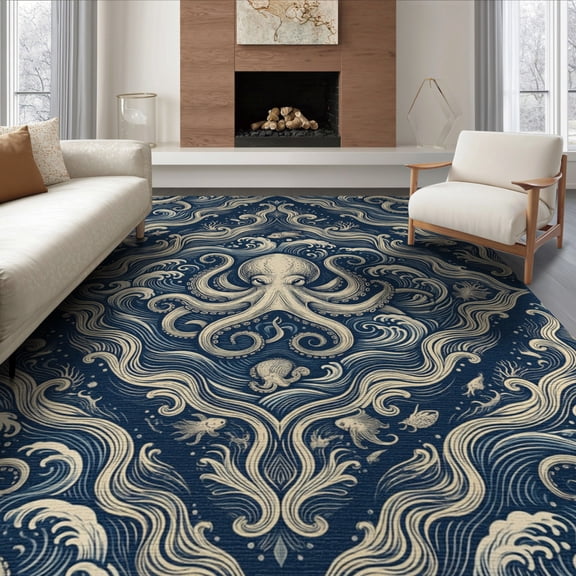 ODIKA 8'x10' Washable Area Rug Non-Slip Chair-Friendly Mat Maritime Octopus Tentacle Curling Wave Nautical Border Motif for Dining Room, Large Office, Lounge