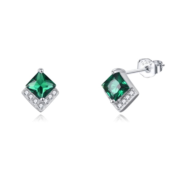 Birthstone Stud Earrings Sterling Silver Square Created Emerald Bright Green Crystal May Earrings Cubic Zirconia Piercing Jewelry Small Gifts for Women Mothers