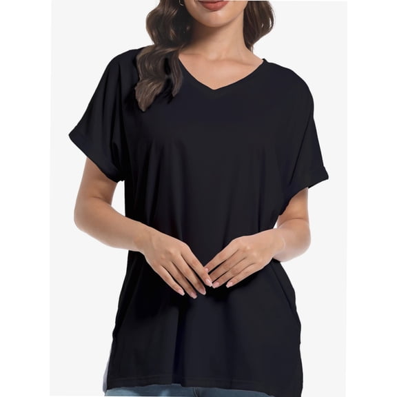Women's Casual V-Neck T-Shirt - Short Sleeve Loose Fit Top with Side Split & Rolled Sleeve for Summer