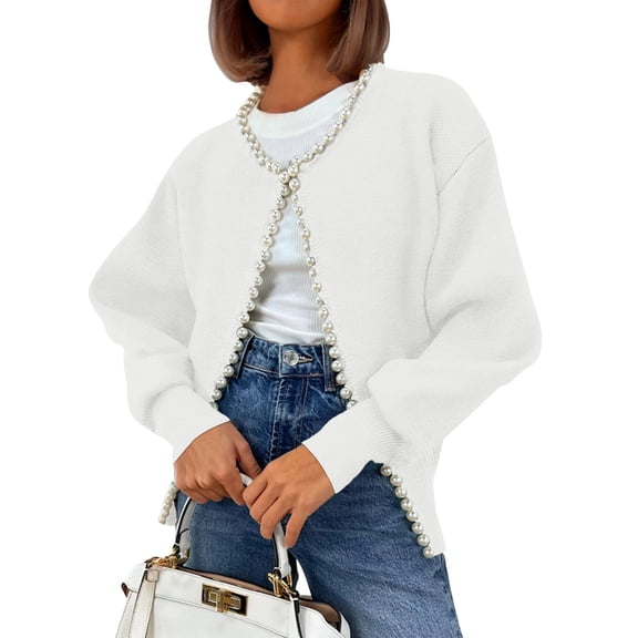 Women'S Open Front Cardigan Sweater Fall Casual Trendy Knitted Long Sleeve Pearl Trim Outerwear Coat LC2712609-P101 S
