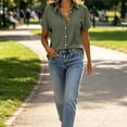 thumbnail image 6 of VBVC Women's Cotton Linen Button Down Blouse , Ladies' V Neck Short Sleeve Work Shirt , Summer Loose Fit Solid Tunic Top For Women, Army Green , S-2XL, 6 of 8