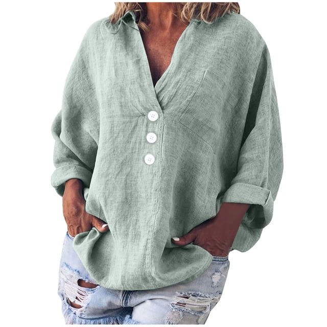 Moda mujer sólido Casual manga larga bolsillo cuello en V botón camisa Tops Fridja czfsfas6482