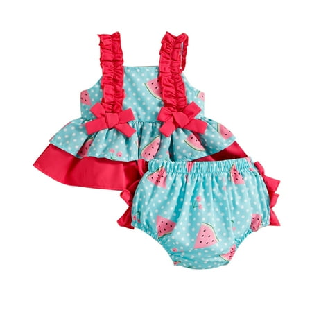 

Zlekejiko Toddler Girls Sleeveless Bowknot Ruffles Dot Watermelon Printed Vest Tops Shorts Outfits