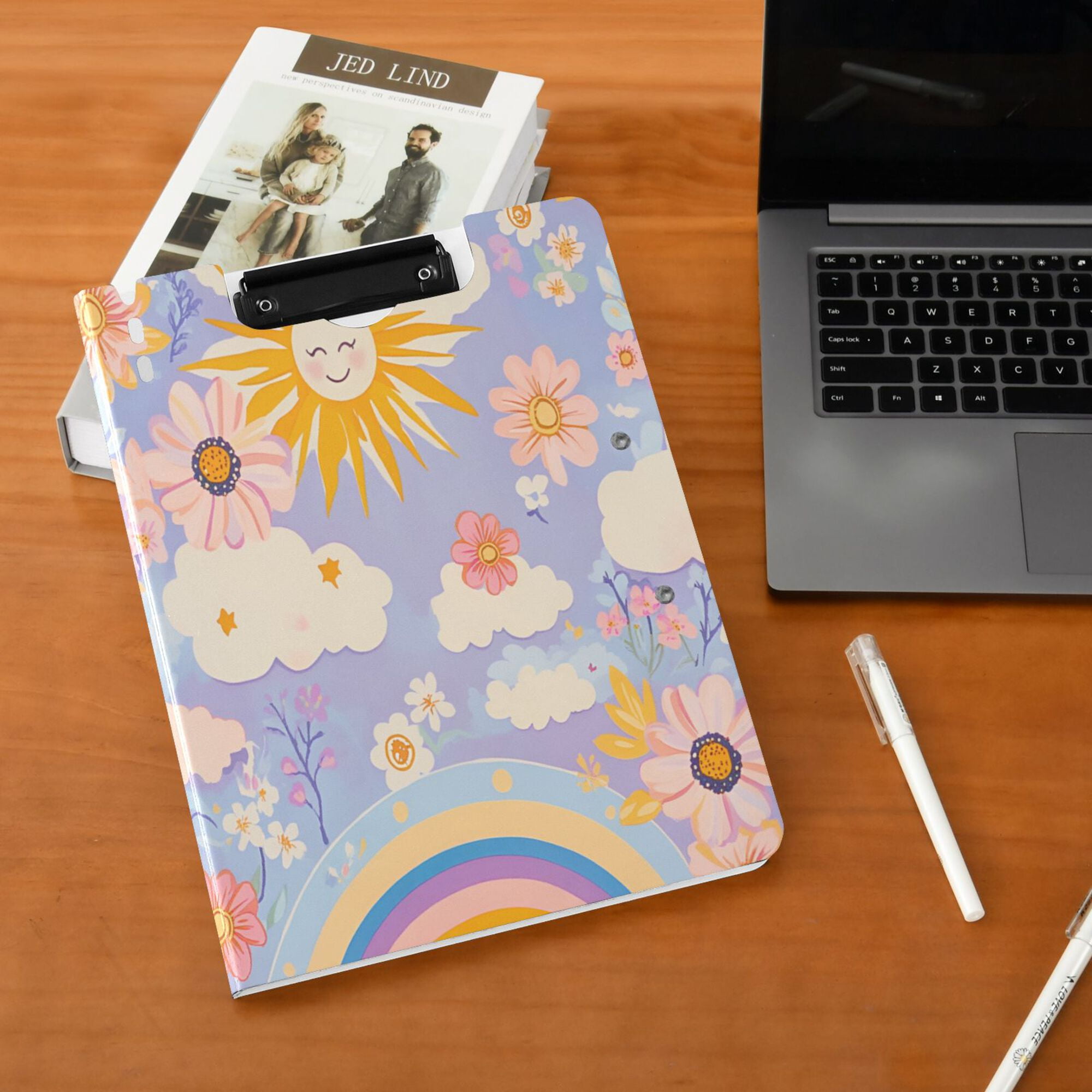 FORMRS A4 Clipboard Folder with Pen Holder Horizontal Foldable School Office Binder, Purple Clouds