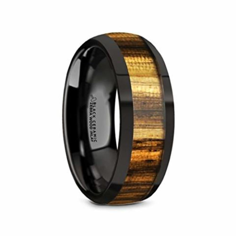 Thorsten ZERRA Black Ceramic Polished Finish Men’s Domed Wedding Ring with Genuine Golden Zebra Wood Inlay 8mm by Roy Rose Jewelry