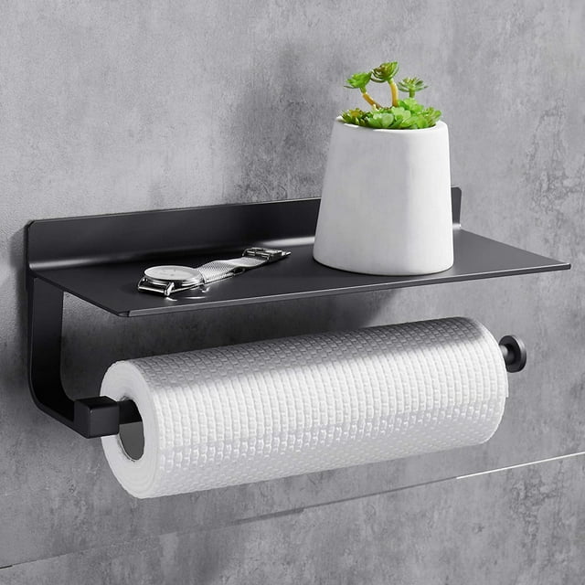 Portarrollos de cocina sin perforaciones Portarrollos de papel montado en la pared Portarrollos de toallas de papel con amplios rollos de dispensador de papel para cocina Negro