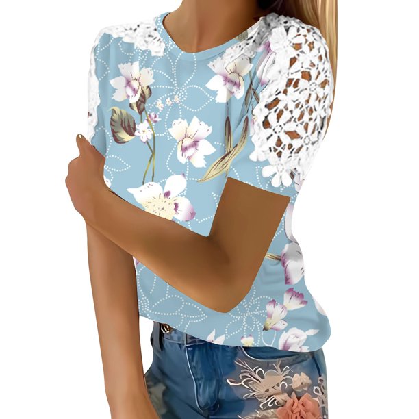 Gibobby Blusa de Trabajo de Manga Corta Camiseta con estampado Floral manga corta para mujer verano, camisetas gráficas informales con Panel encaje y cuell(Azul celeste,CH)