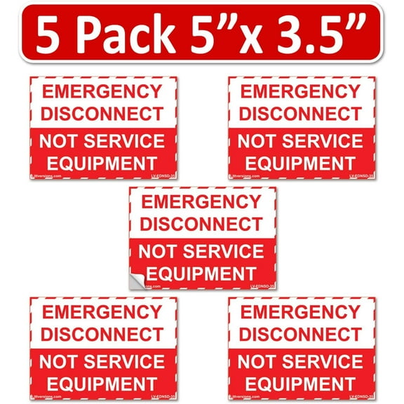5-Pk 5"x 3.5" Emergency Disconnect NOT Service Equipment Label Sign Stick Vinyl Elect NEC compliant