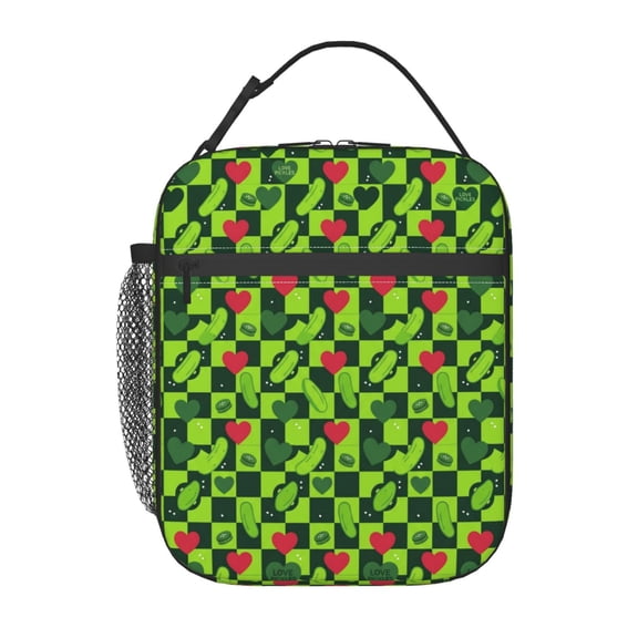 Pickle Insulated Lunch Bag, Green Checkerboard Heart Pattern Lunch Box For Women Men, Portable Thermal Cooler Tote With Front Pocket For Work Office And Travel