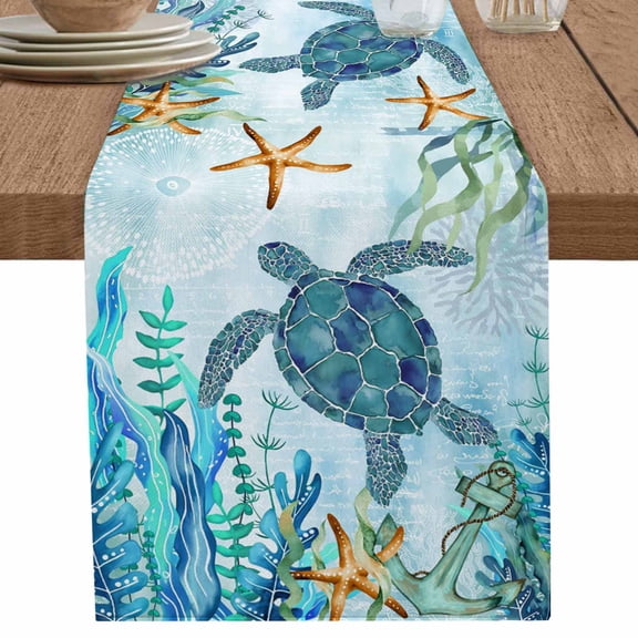 nqOlkjepod Teal Green Sea Turtle Table Runner 108 Inches Long Farmhouse Dress Scarves, Coastal Summer Beach Seaweed Dining Tablerunner for Coffee Table/Kitchen Island/Party Décor, 13" x 108"