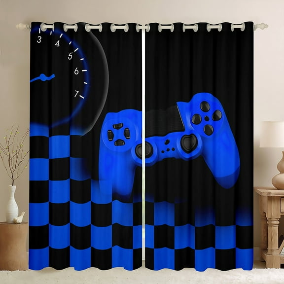 Castle Fairy Teens Game Gamepads Black Out Curtains for Adults Female Men,Black Blue Geometric Checkered Curtains Pack of 2 (42x63 Each),Video Game Game Controller Bedroom Curtains Bedroom Decor