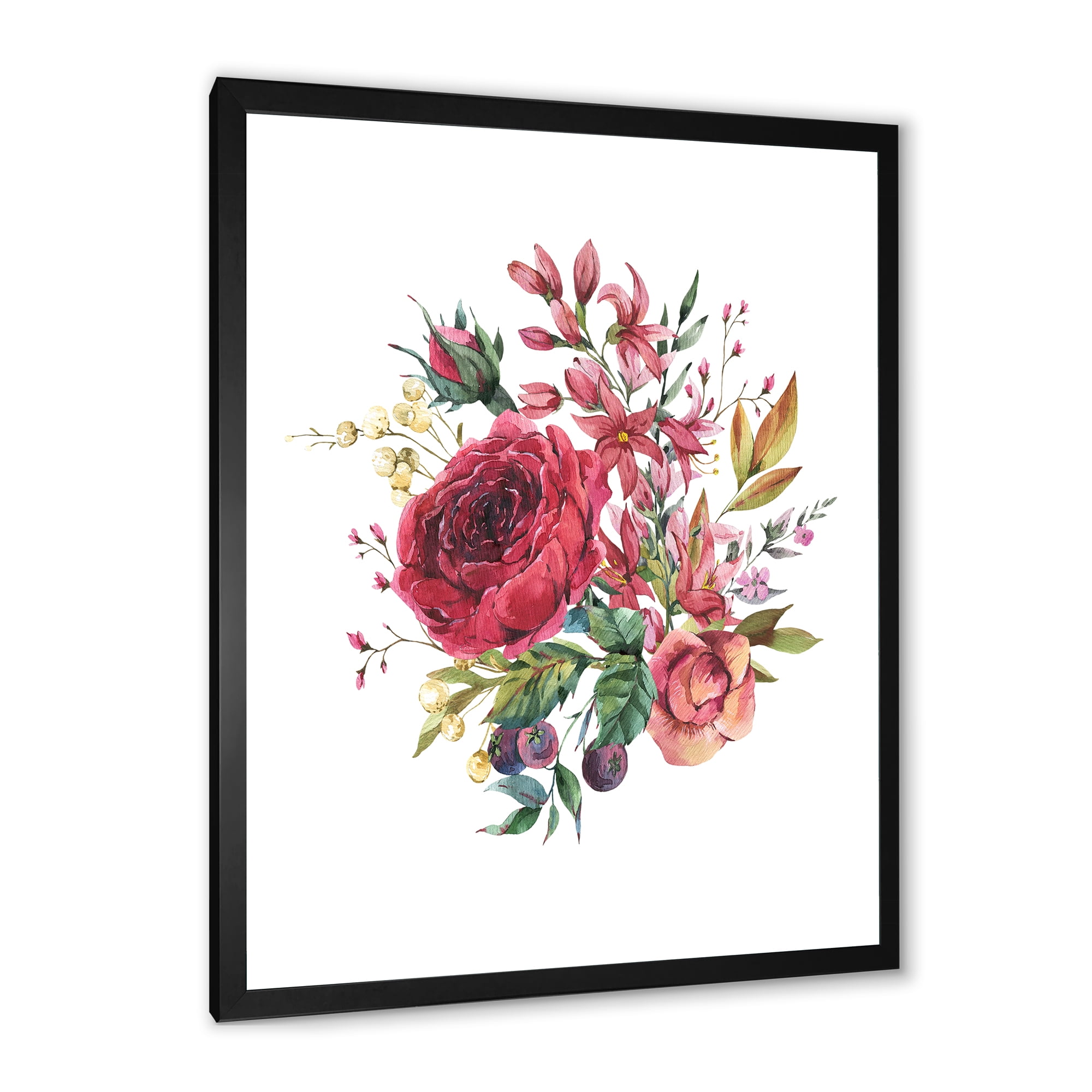 Designart 'Ancient Wildflowers and Burgundy Rose' Farmhouse Framed Art Print