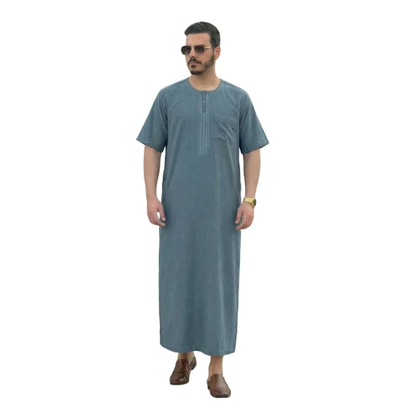 Telankuip Traditional Arabic Long Shirts for Men Button up Crewneck Short Sleeve Loose Fit Comfortable Maxi Shirts with Chest Pocket Solid Color Casual Festival Outfit Navy XL