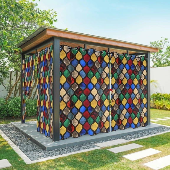 Abstract Outdoor Curtains for Patio Waterproof, Stained Glass Moroccan Texture Grommet Curtains for Porch Outside Privacy Drape for Gazebo Garden Pergola, 2 Panels, 54x95in