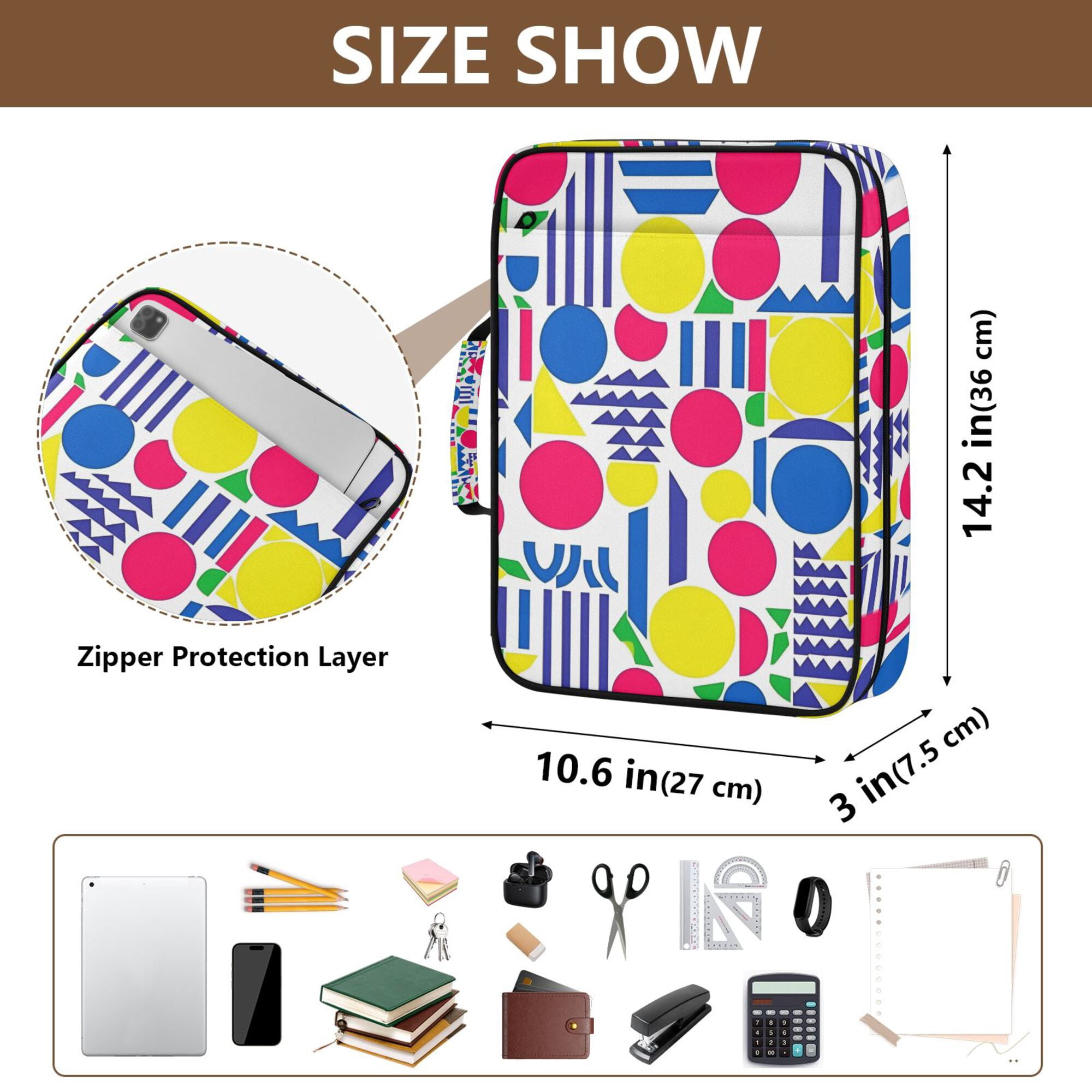 FORMRS Accordion File Folder A4 Size 7-Pocket Expanding Document Organizer Bag with 3 Ring Binder, Red Retro Shapes