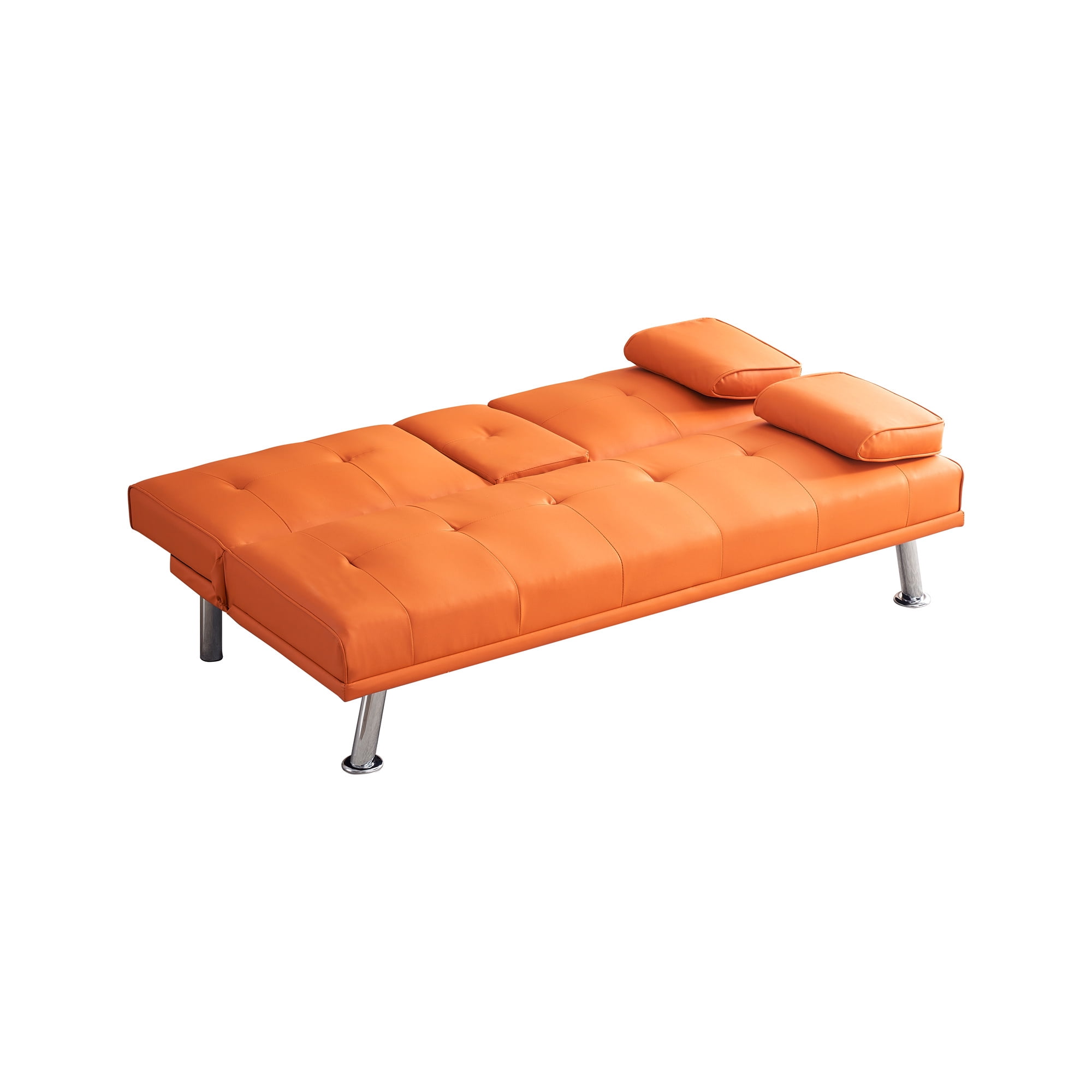 Aukfa Convertible Futon Sofa Bed with Cupholder&Pillow for Home Office Twin Size, Leather, Orange
