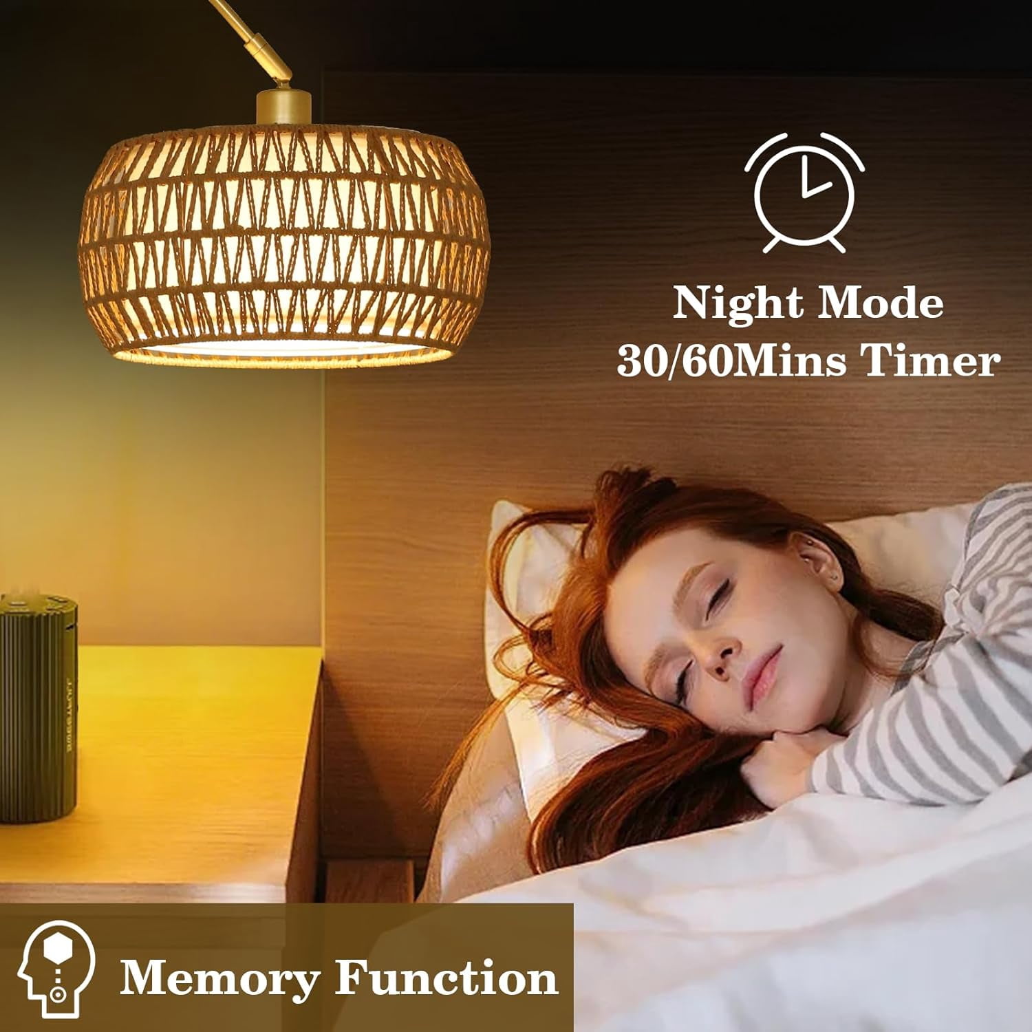 Gold Arc Floor Lamp with Remote, Dimmable, Rattan and Metal, Height Adjustable