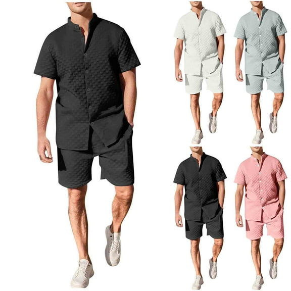 RYDCOT Men Summer Casual Loose Sets Solid Color Stand up Collar Short Sleeve Pocket Button Down Shirt Shorts 2 Piece Outfits Tracksuit White