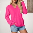 thumbnail image 2 of larppty V Neck Sweatshirt Women Pocket No Hood Oversized Pullover Casual Soft Long Sleeve Tops With Pockets Fall Fashion (Hot Pink, L), 2 of 7