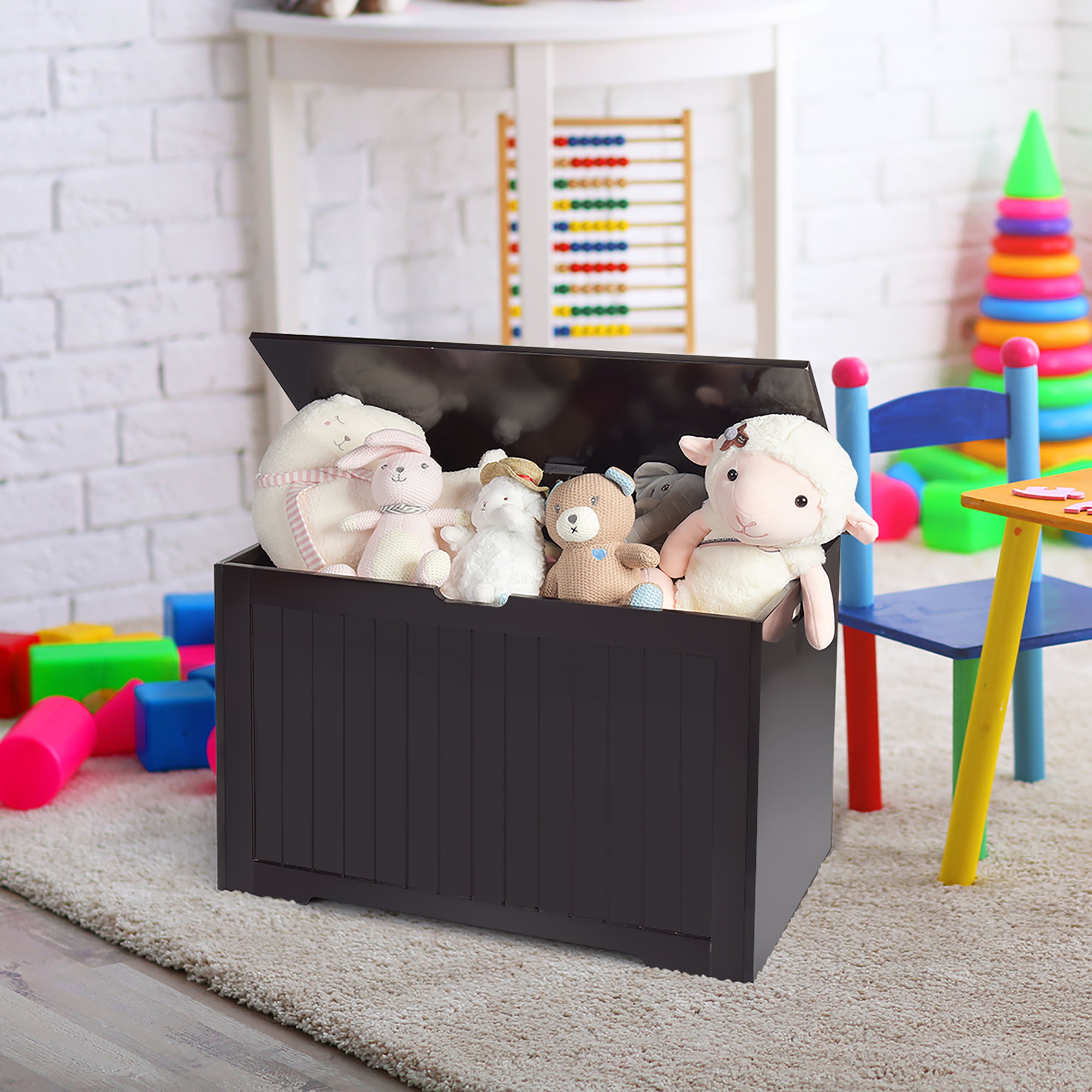 Costway Babyjoy Kids Toy Box Wooden Flip-Top Storage Chest Bench w/ Cushion Safety Hinge Gray