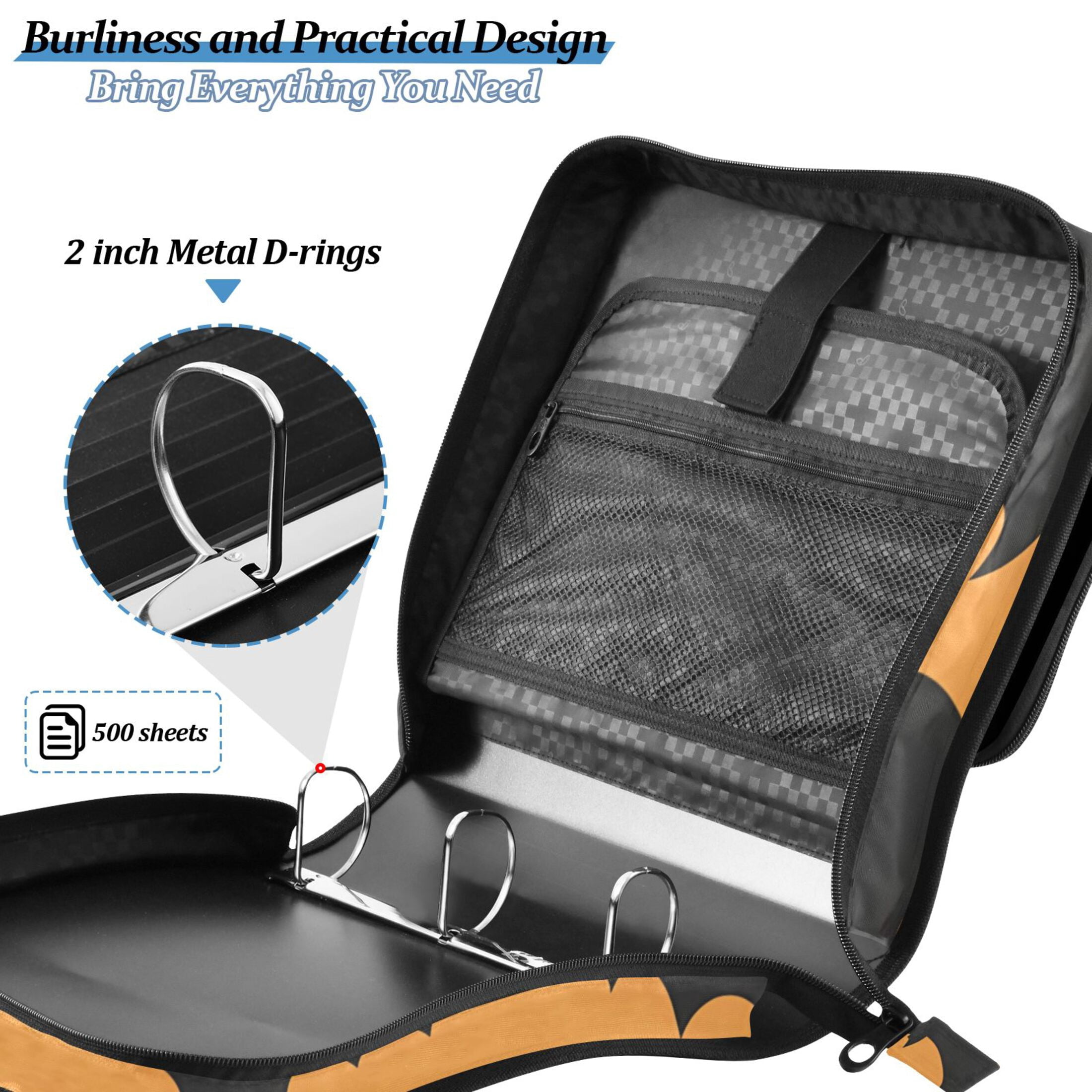 3 Ring Zipper Binder with Shoulder Strap Waterproof Trapper Keeper 2 Inch D-Ring 500 Sheets Capacity Bats on Orange